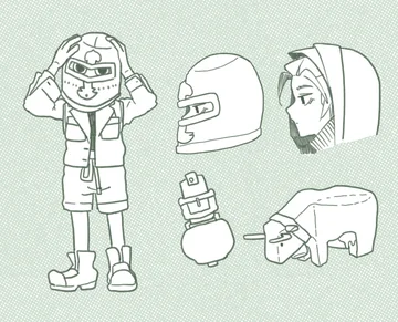 Line sketches of an armored character and a helmet shown from several angles.