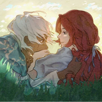 A white-haired figure and a red-haired figure lie face to face in sunlit grass.
