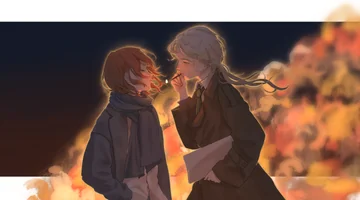 Two figures lean toward each other against a glowing orange evening landscape.