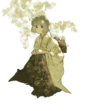 A seated figure in an ornate dark robe beneath pale green foliage.