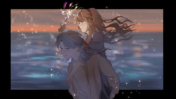 Two figures stand close together beside shimmering water at sunset.