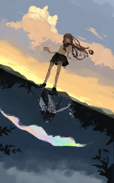 A figure stands on a sloping bank at sunset above a reflection in dark water.