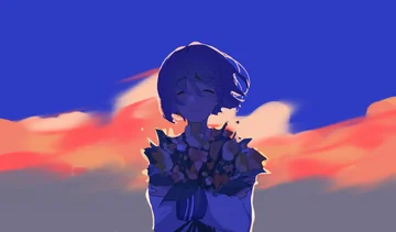 A blue-haired figure holds flowers against a deep blue sky and coral clouds.