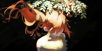 A red-haired figure in profile beneath a wreath of pale leaves against black.