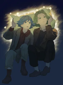 Two seated figures hold a glowing rectangular frame above their heads in the dark.