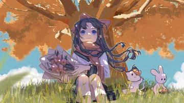 A purple-haired character sits with a bouquet beneath an orange-leaved tree, beside two rabbits.