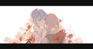 Two figures embrace among delicate pink blossoms against a white background.