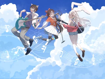 Three characters play string instruments among clouds and flowing musical notes.
