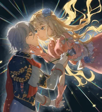 An armored figure and a long-haired figure embrace amid radiating golden light.