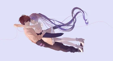 Two embracing figures float horizontally through a pale lavender space, trailing long ribbons.