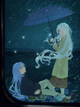 A long-haired figure holds an umbrella over a seated companion in blue night rain.